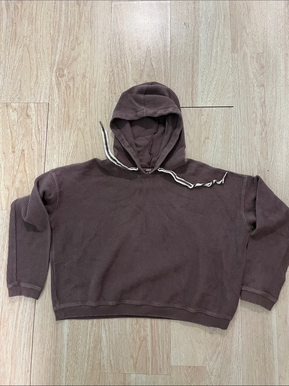 aerie Ribbed Hoodie in Taupe with White Drawstring small
